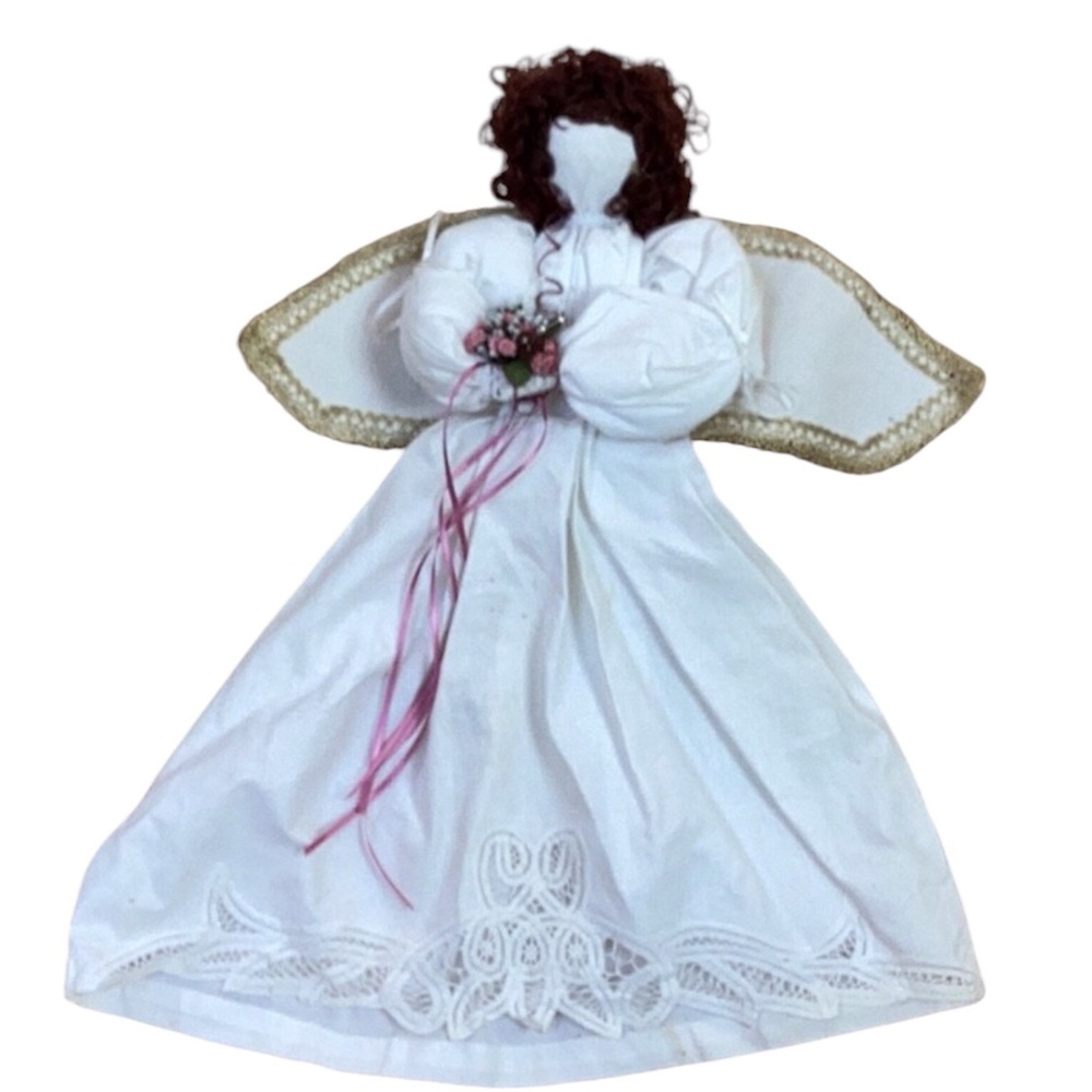 Vintage Handmade Curly Hair Pink‎ Roses Pearl Battenberg Lace Angel Wings Decor